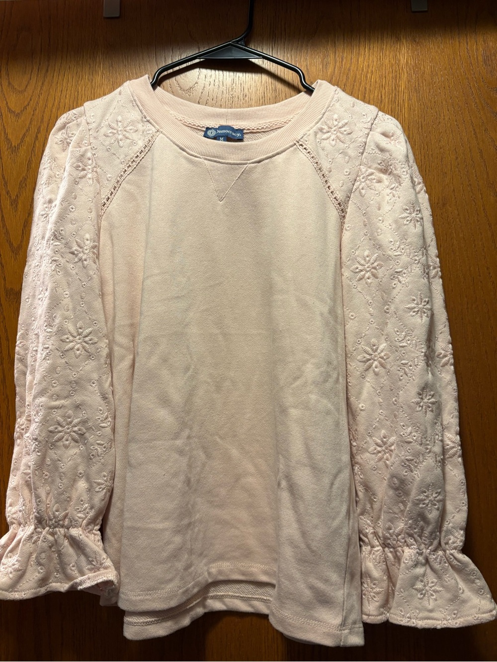 Democracy Light Pink Embroidered Puff-Sleeve Sweatshirt